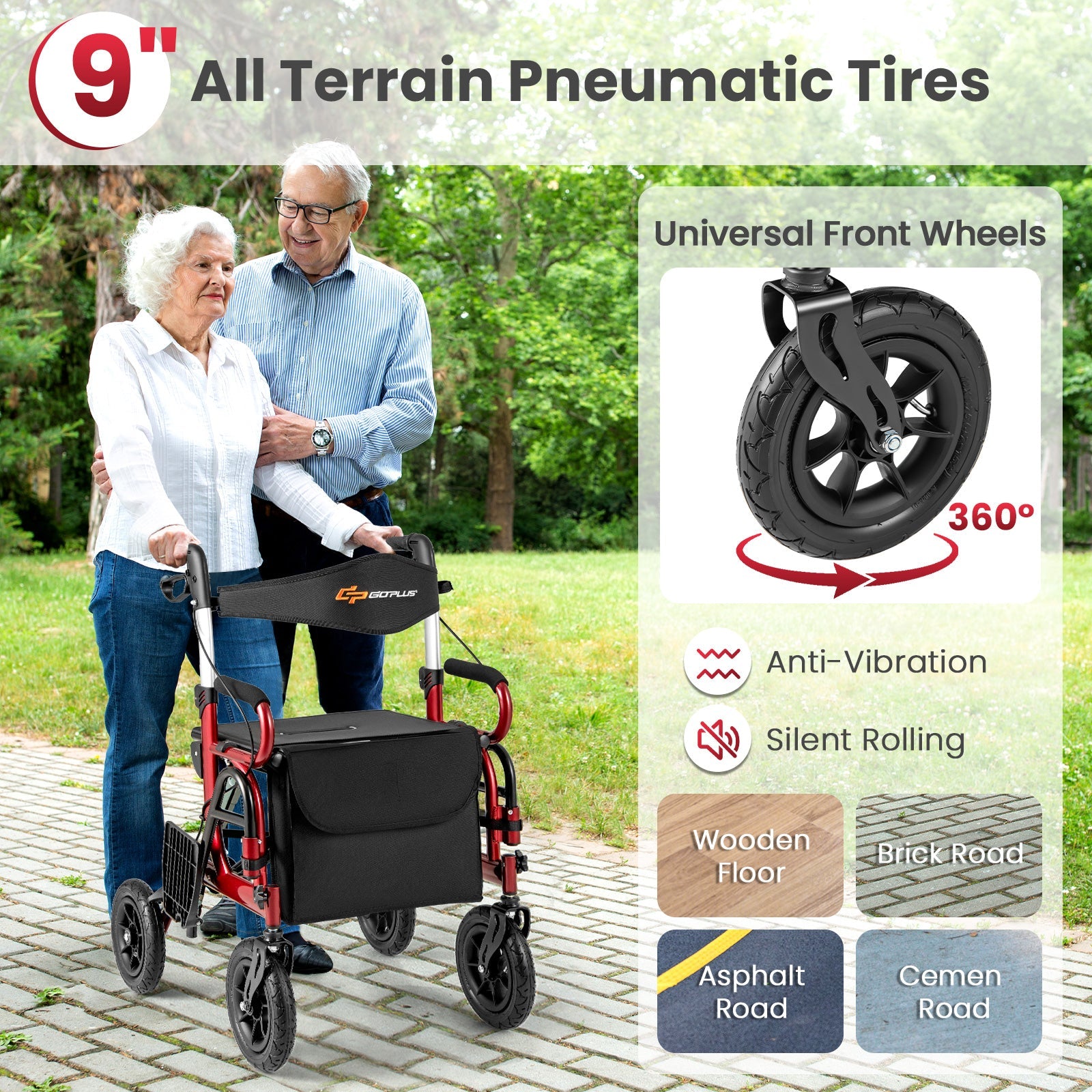2-in-1 Foldable Rollator Walker with Seat abd 9 Inch Pneumatic Tires for Seniors-Red