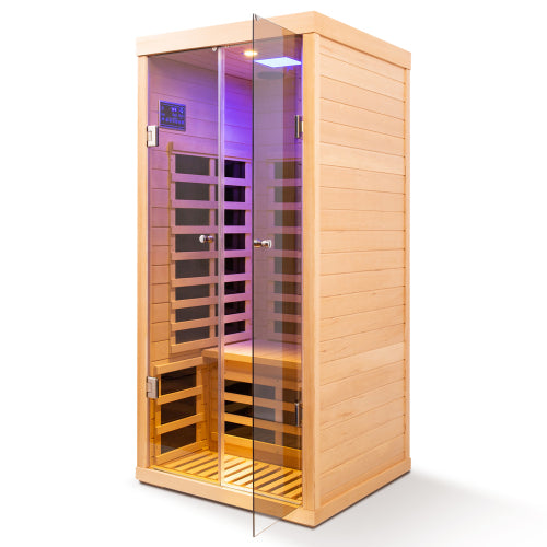 Large Glass Hemlock Sauna with Infrared Heating – One Person