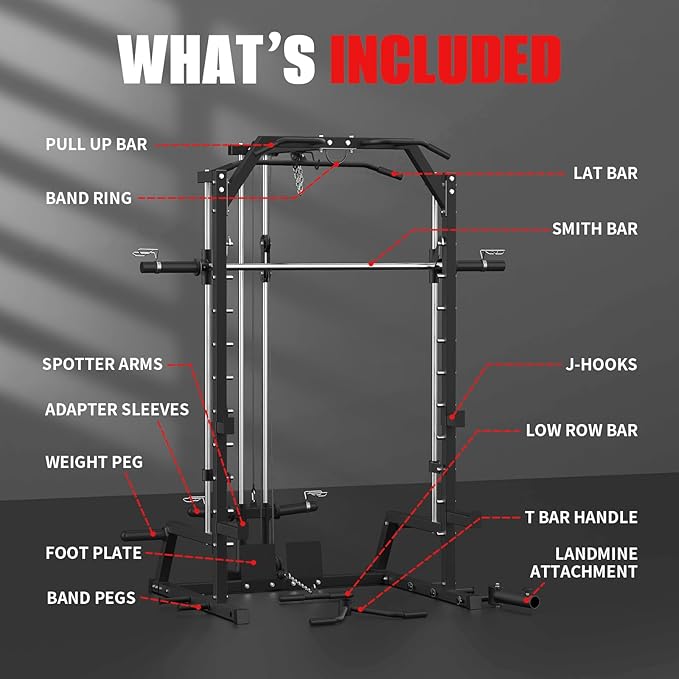 Smith Machine, Power Rack with LAT Pulldown System, Power Cage with Cable System, Squat Rack for Home Gym with Chest Press Machine, Spotter Arms, Leg Curl Attachment and More