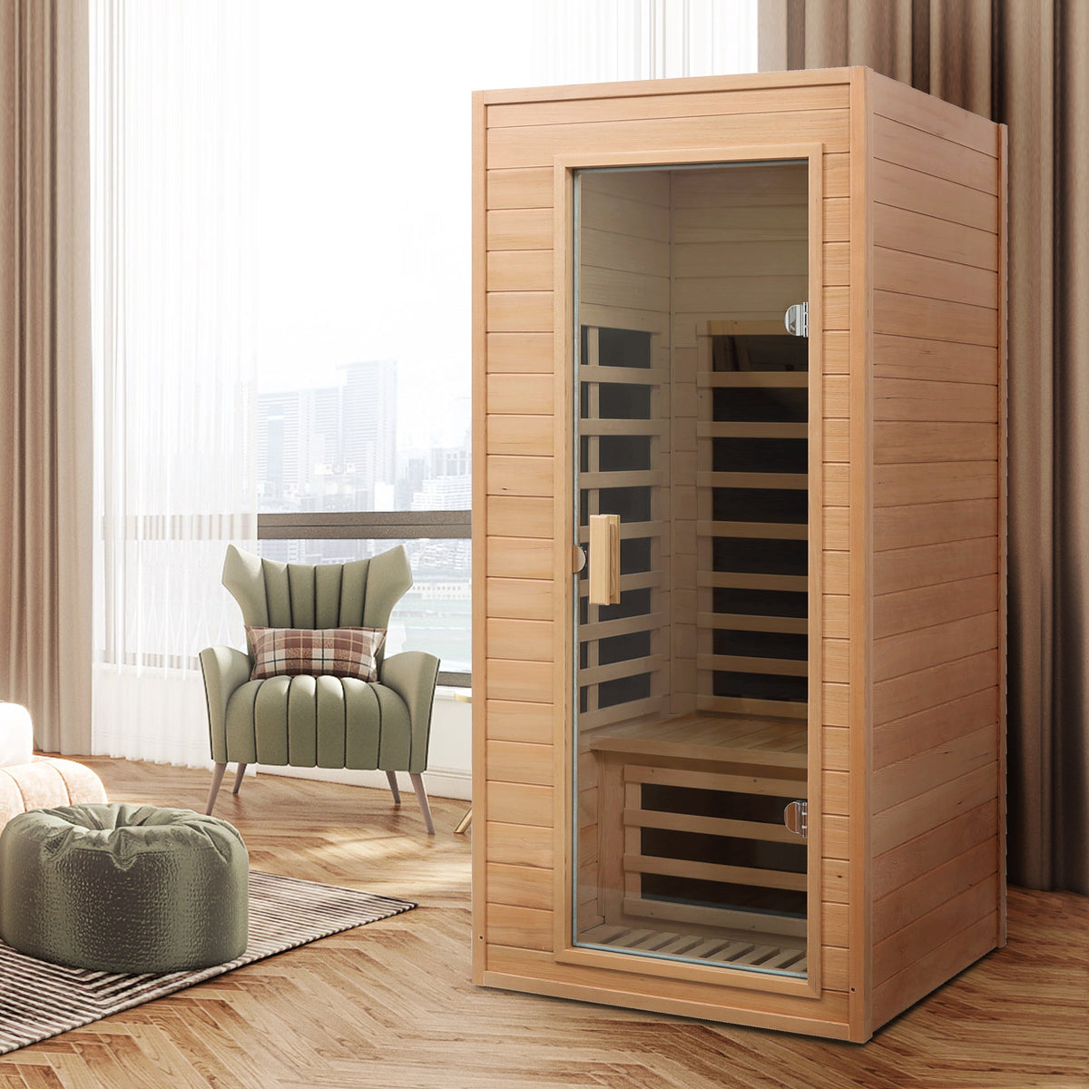 Hemlock 1-Person Infrared Sauna with Bluetooth & LED Lighting - Natural Wood