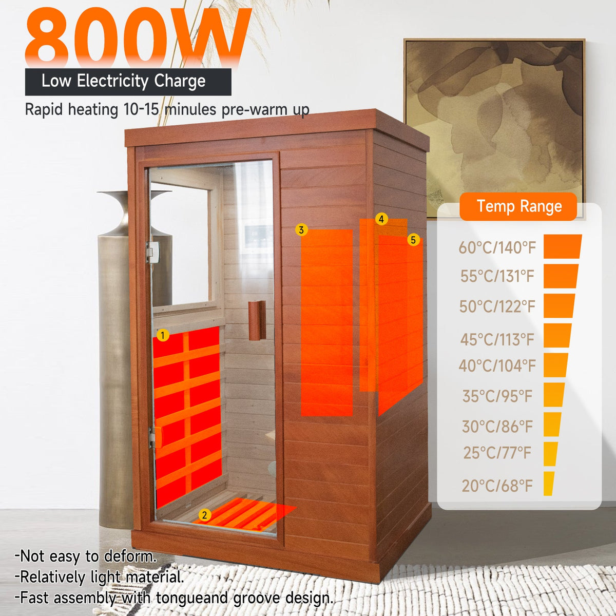 Solid Wood - 1 Person Infrared Sauna with Broad-Spectrum Heating Plates - Natural