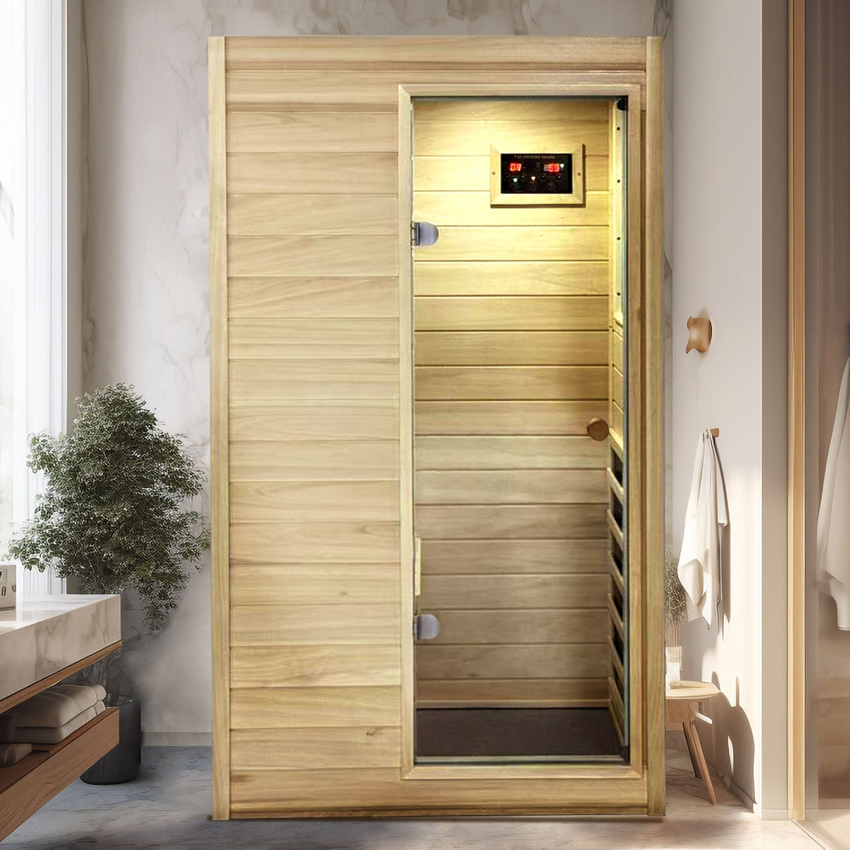 Far Infrared 1 Person Sauna with 5 Heating Panels - Wood and Glass