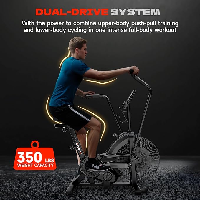 Air Bike, Exercise Bike with Magnetic & Air Resistance Fan Bike, Stationary Bike for Home Cardio Workout, Adjustable Indoor Cycling Bike with APP & Dual Action Handlebars, 350lb Capacity