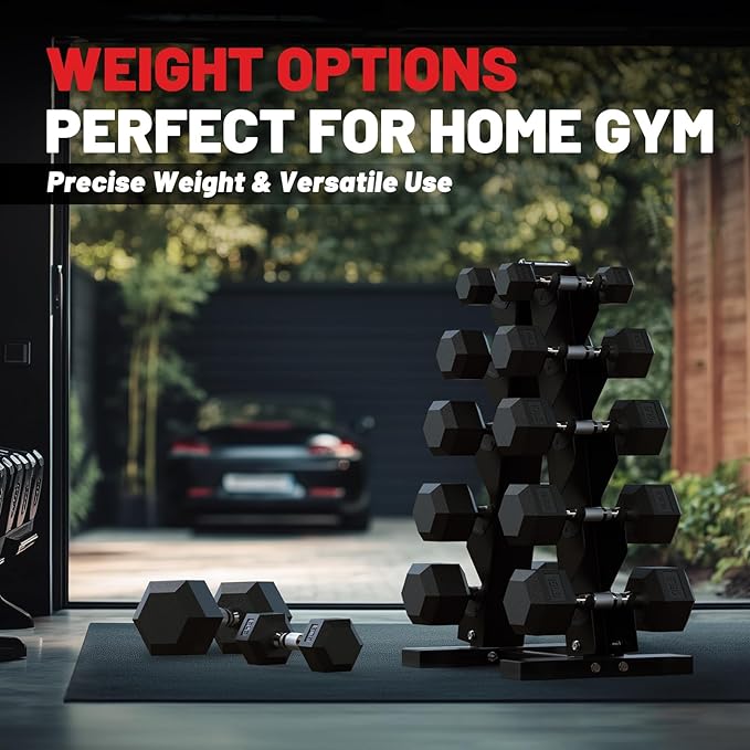 PAPABABE Hex Dumbbell Sets with Rack, 60-550lb Rubber Coated Dumbbell Weight Set and Storage Rack, Multiple Options Hand Weights for Strength Training