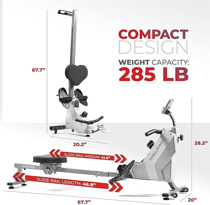 Sunny Health & Fitness Magnetic Rowing Machine for Home Exercise, Quiet & Smooth Rower with Compact Storage and Optional Free SunnyFit App Connectivity