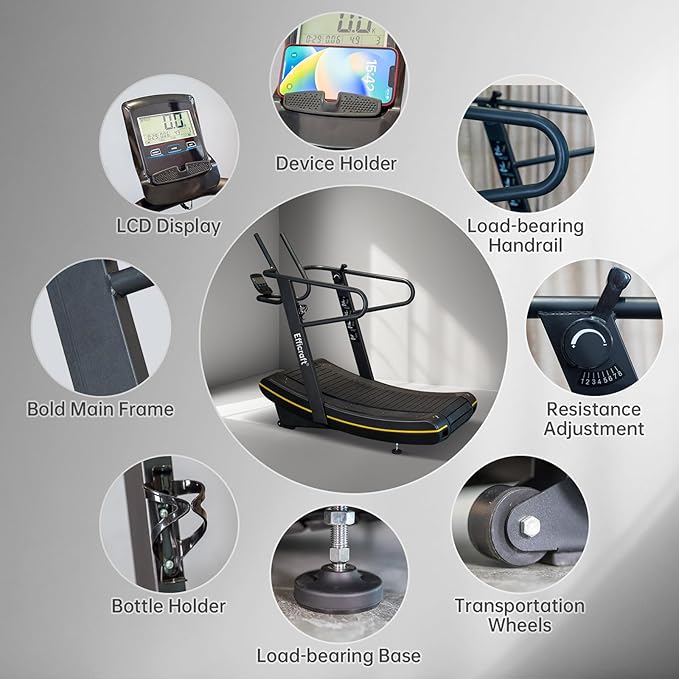 Manual Curved Treadmill, 8-Level Resistance, LCD Display, Non-Electric Fitness Equipment for Home & Gym, Cardio & Anaerobic Training