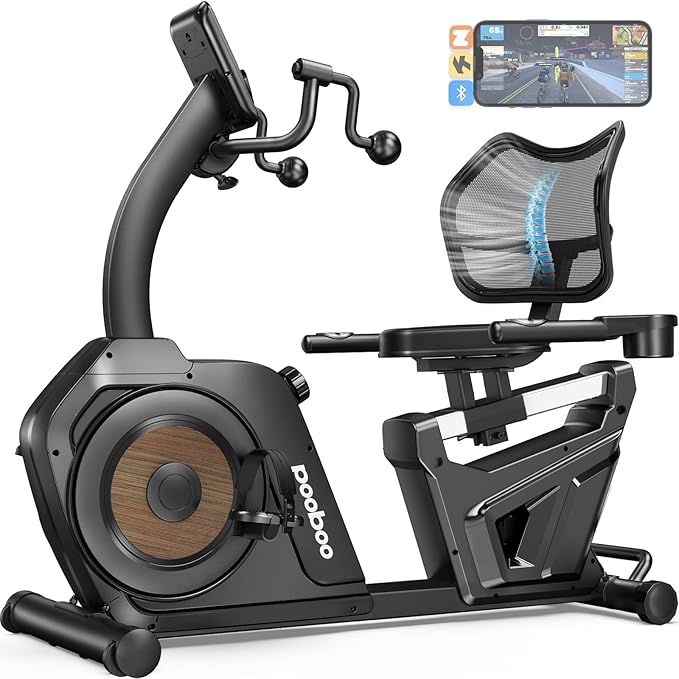 pooboo Recumbent Exercise Bike, Stationary Bikes for Home with Arm Exerciser, Magnetic Recumbent Bike with Ergonomic Backrest & Comfortable Seat, Smart APP, Pulse Sensor, 400LBS Weight Capacity