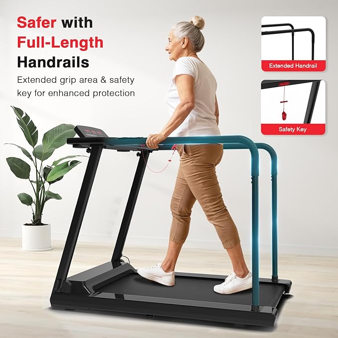 Redliro Treadmill for Seniors with Long Handrails - Recovery Machine for Walking 300 lbs Weight Capacity - Walking Treadmill Elderly with Desk & Cup Holder (Glossy Black)