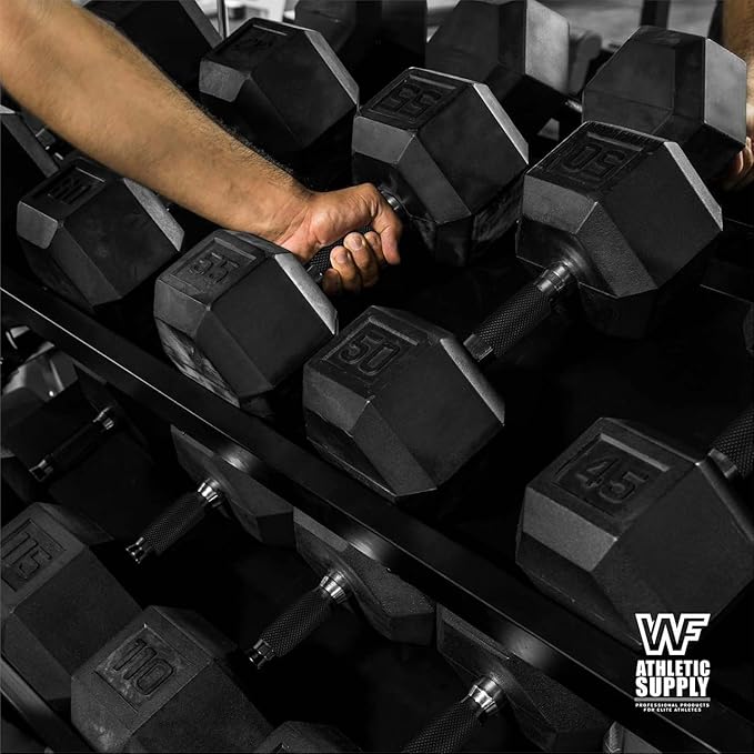 WF Athletic Supply Rubber Encased Hex Dumbbells with Rubber Grip Contoured Handle for Muscle Toning, Strength Building & Full Body Workout