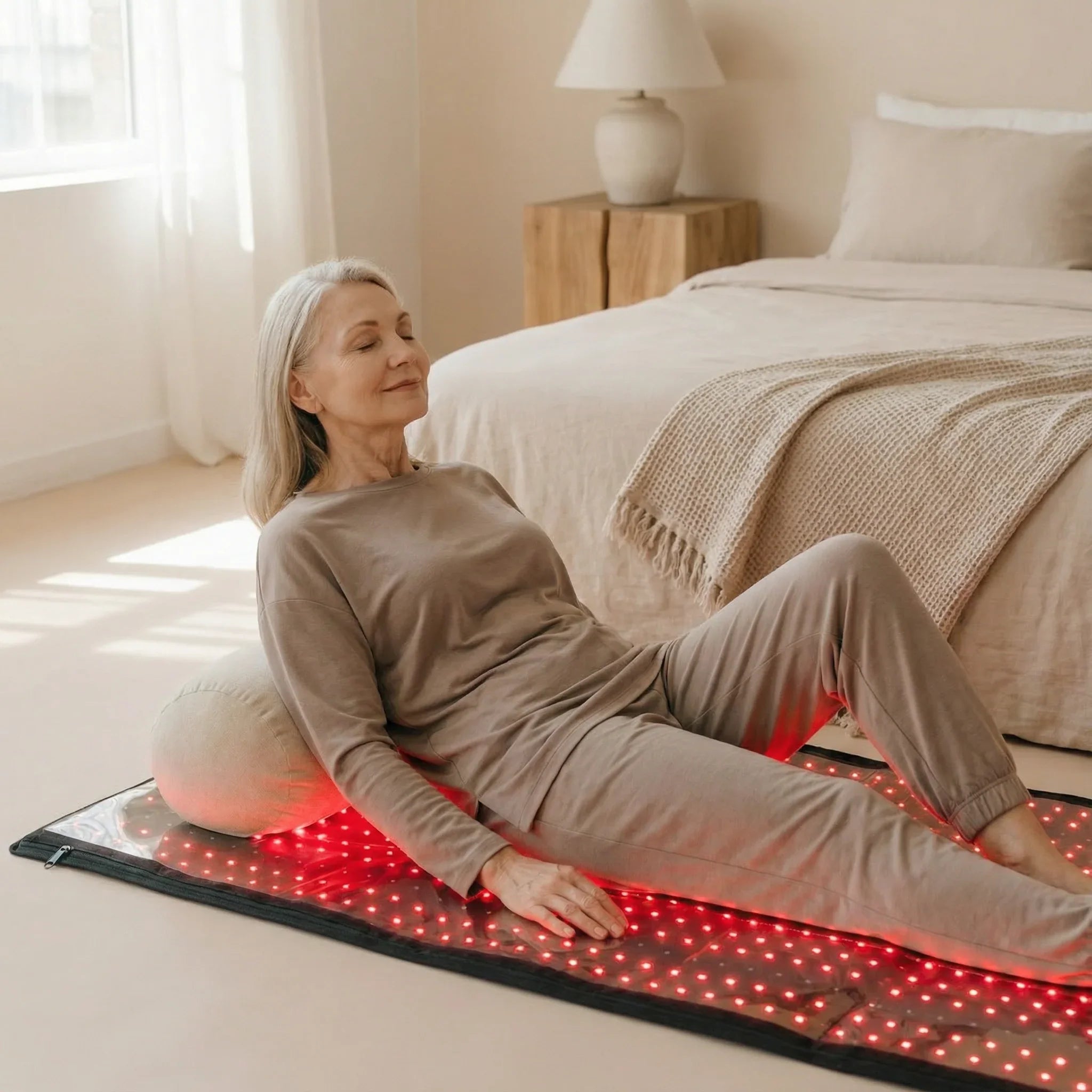 A woman enjoying the Nicebeam Full Body Red Light Therapy Mat in a calming bedroom environment.
