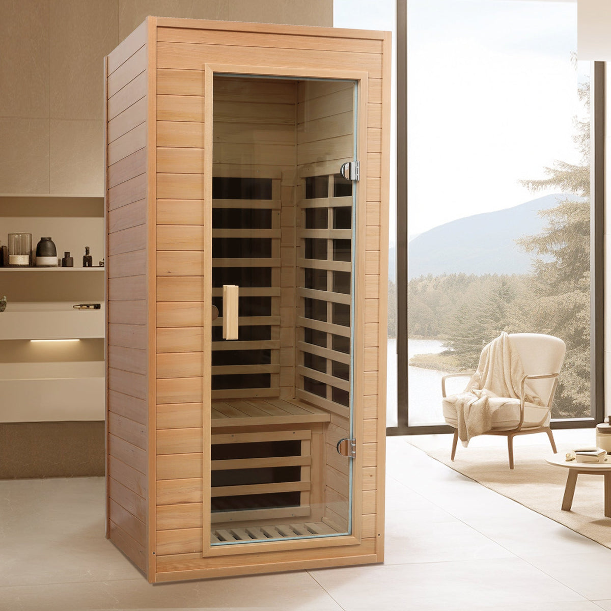 Hemlock 1-Person Infrared Sauna with Bluetooth & LED Lighting - Natural Wood