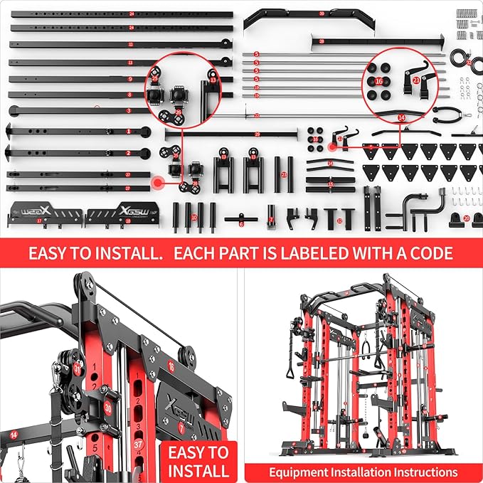 Smith Machine with Cable Crossover System, Multi-Function Power Cage Squat Rack for Home Gym, Power Rack and Packages Weight Sets.