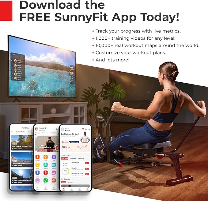 Sunny Health & Fitness Flip & Foldable Rowing Machine for Home w/Extended Slide Rail, Full-Body Workout, Low-Impact, Optional Extra Long Rail, Quiet Rail Cover, Water Motion and Free SunnyFit App