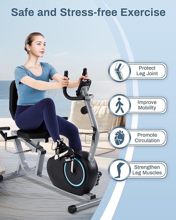 Recumbent Exercise Bike for Seniors - Quick Adjust Seat, Magnetic Recumbent Bike with Quiet 16-Level Resistance, 400LB Weight Capacity, Backlit LCD Monitor, Heart Rate Handle