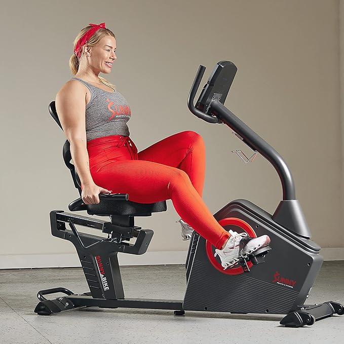Sunny Health & Fitness Programmable 16 Levels Electro-Magnetic Resistance Recumbent Exercise Bike with 24 Pre-Build Workouts and 300 lbs Weight, Free SunnyFit App Connection for Guided Home Training