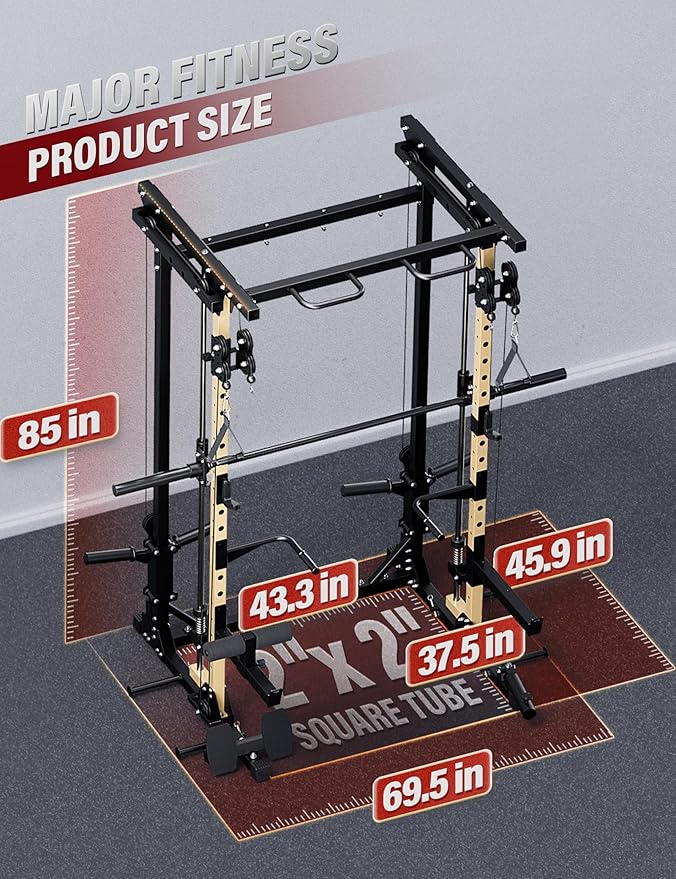 MAJOR FITNESS Drone3 Smith Machine, All-in-One Home Gym Power Rack with Cable Crossover, Pull-Up Bars, T-Bar & Squat Station, Heavy-Duty Full-Body Workout for Strength Training