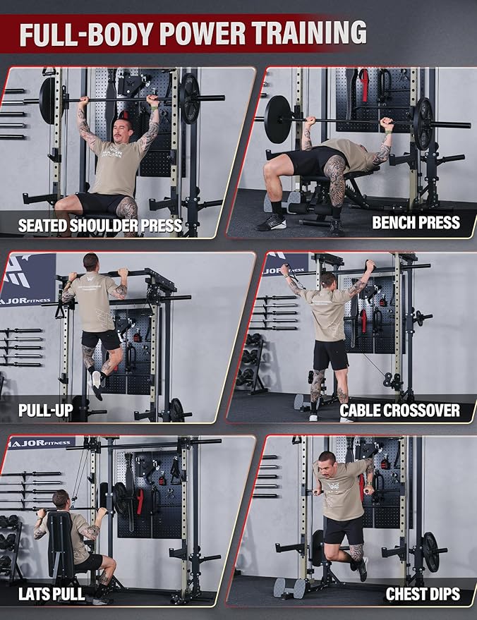 MAJOR FITNESS Drone3 Smith Machine, All-in-One Home Gym Power Rack with Cable Crossover, Pull-Up Bars, T-Bar & Squat Station, Heavy-Duty Full-Body Workout for Strength Training