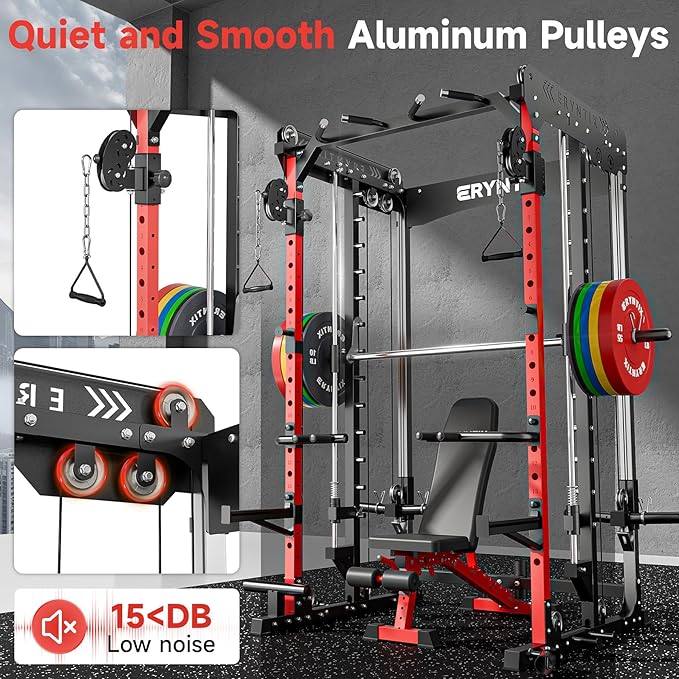 Smith Machine Power Rack | All-in-One Power Cage with Adjustable J-Hooks, Squat Rack for Home Gym, Cable Machine & Pull-Up Bar | Home and Garage Gym Equipment for Strength Training