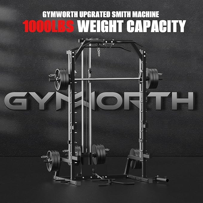 Smith Machine, Power Rack with LAT Pulldown System, Power Cage with Cable System, Squat Rack for Home Gym with Chest Press Machine, Spotter Arms, Leg Curl Attachment and More