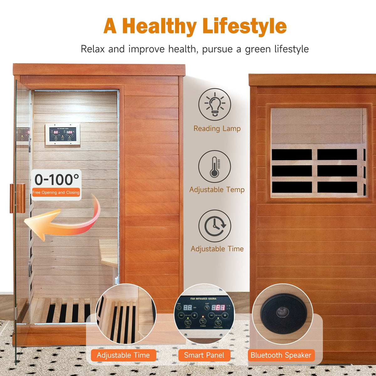 Solid Wood - 1 Person Infrared Sauna with Broad-Spectrum Heating Plates - Natural