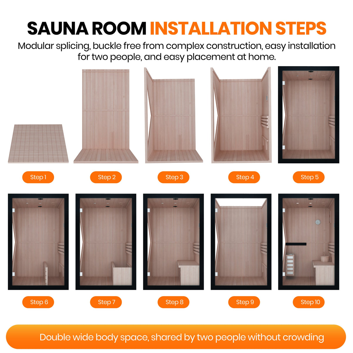 African Pine Indoor Sauna with Double Stove and LED Lighting - Natural Pine