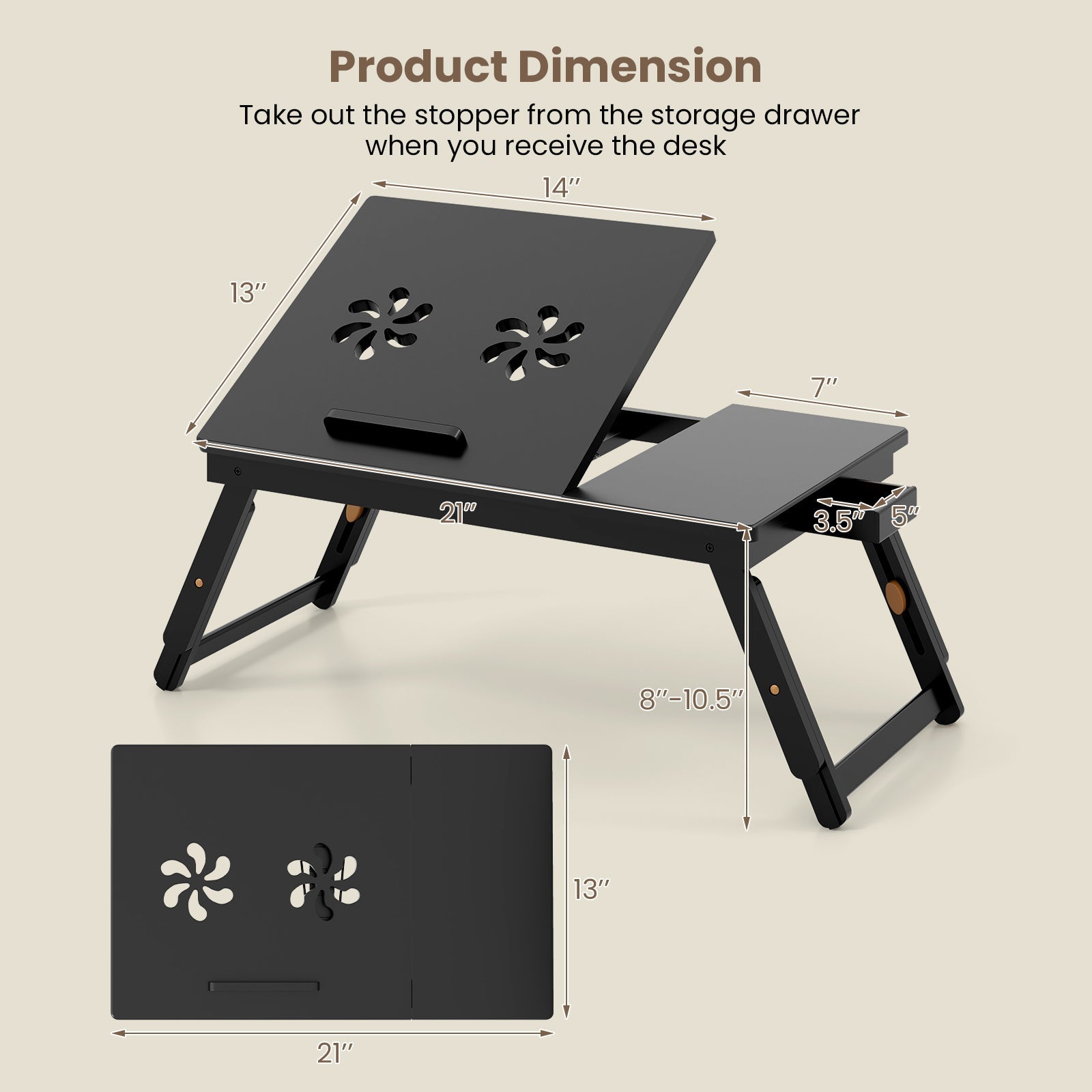 Bamboo Laptop Lap Tray with Adjustable Legs and Tilting Heat-dissipation Top