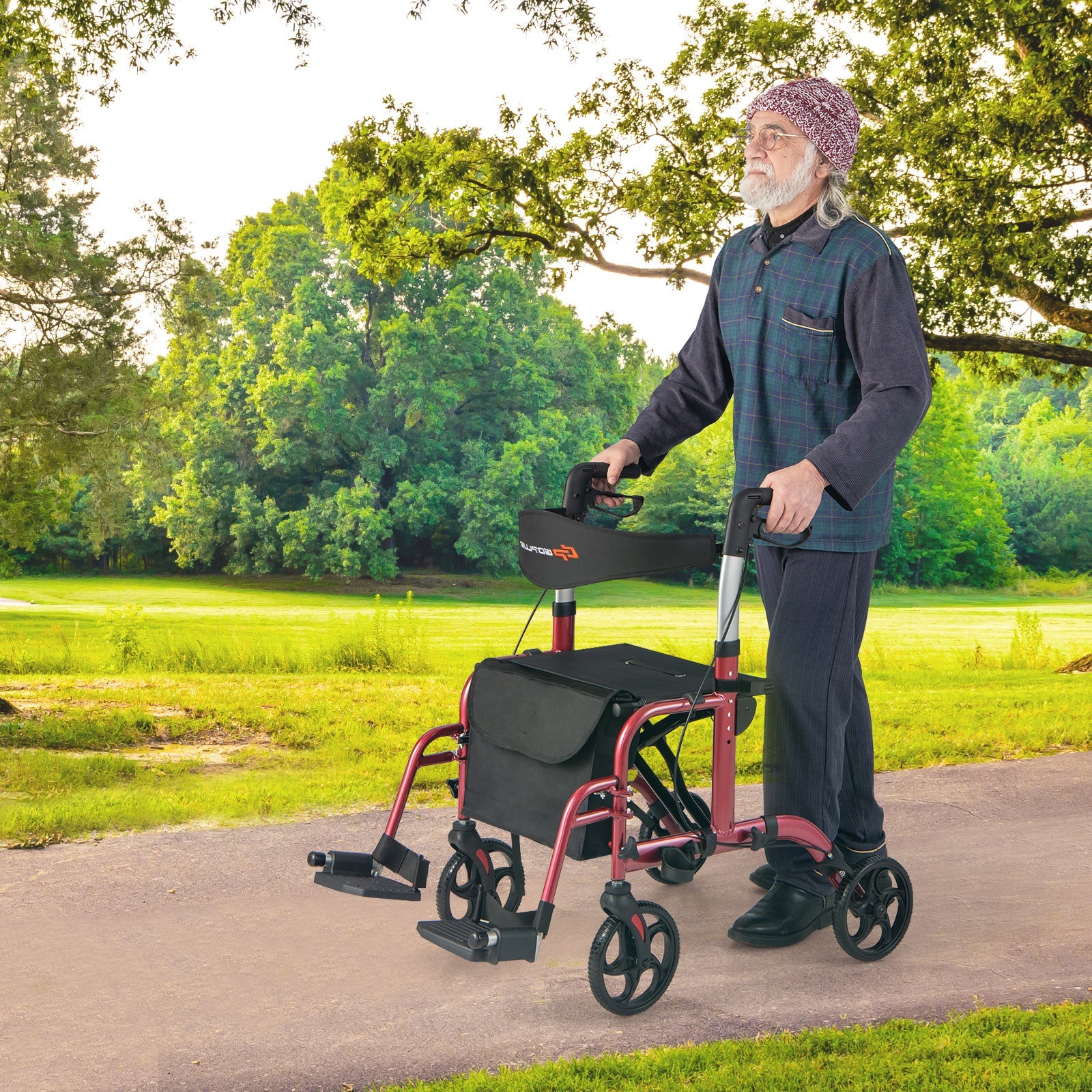 2-in-1 Adjustable Folding Handle Rollator Walker with Storage Space-Red