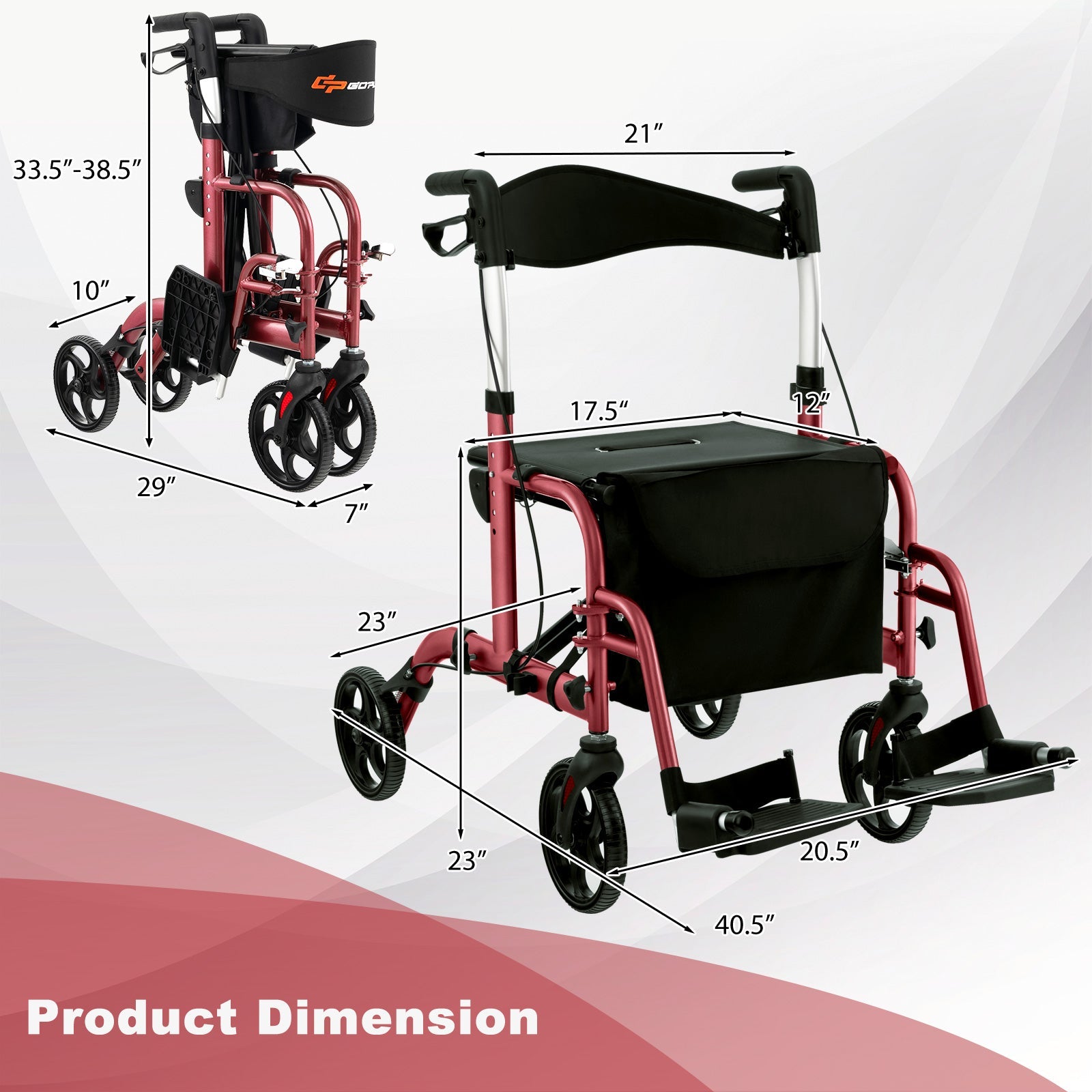 2-in-1 Adjustable Folding Handle Rollator Walker with Storage Space-Red