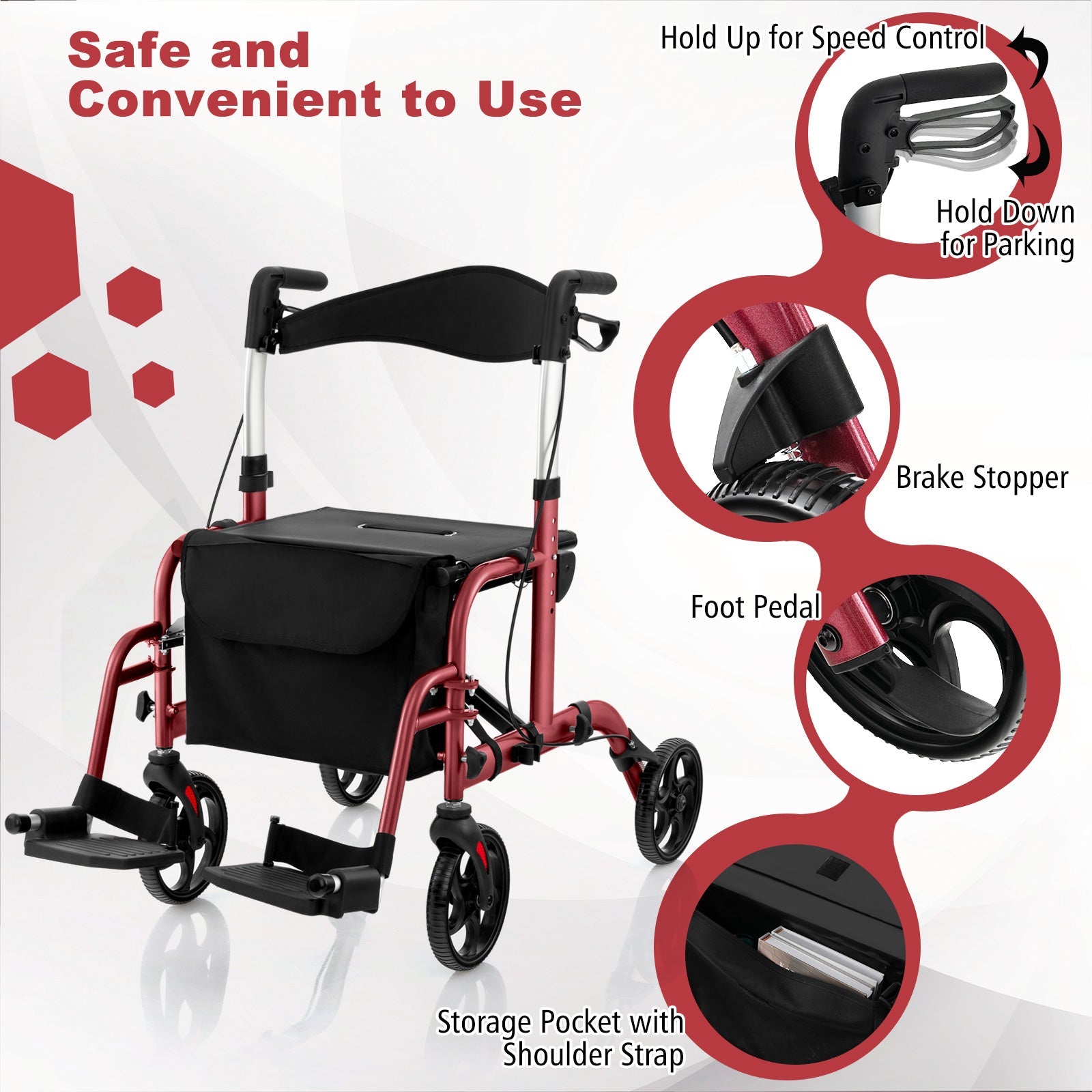 2-in-1 Adjustable Folding Handle Rollator Walker with Storage Space-Red