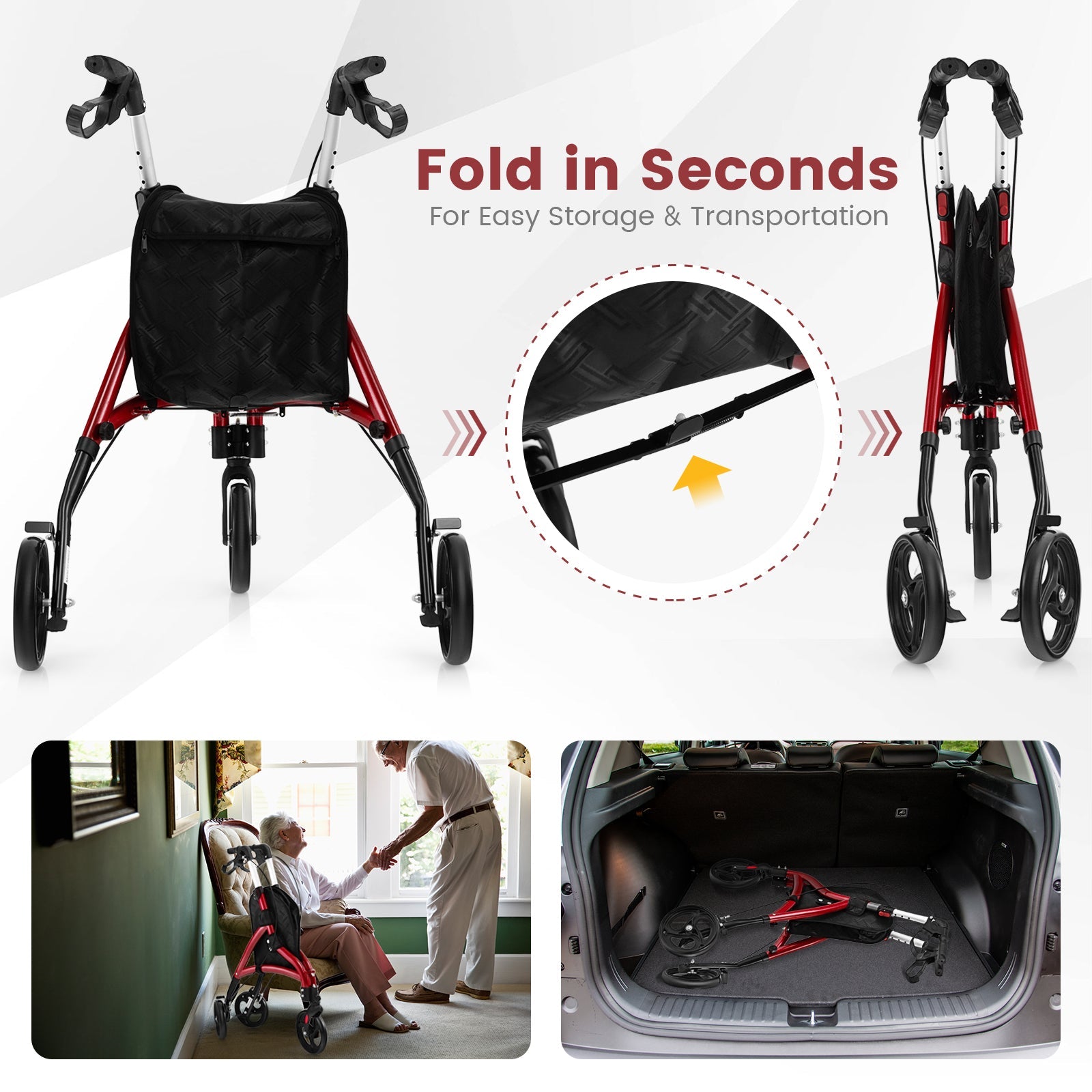 Foldable Rollator Walker with Lightweight Aluminum Frame-Red