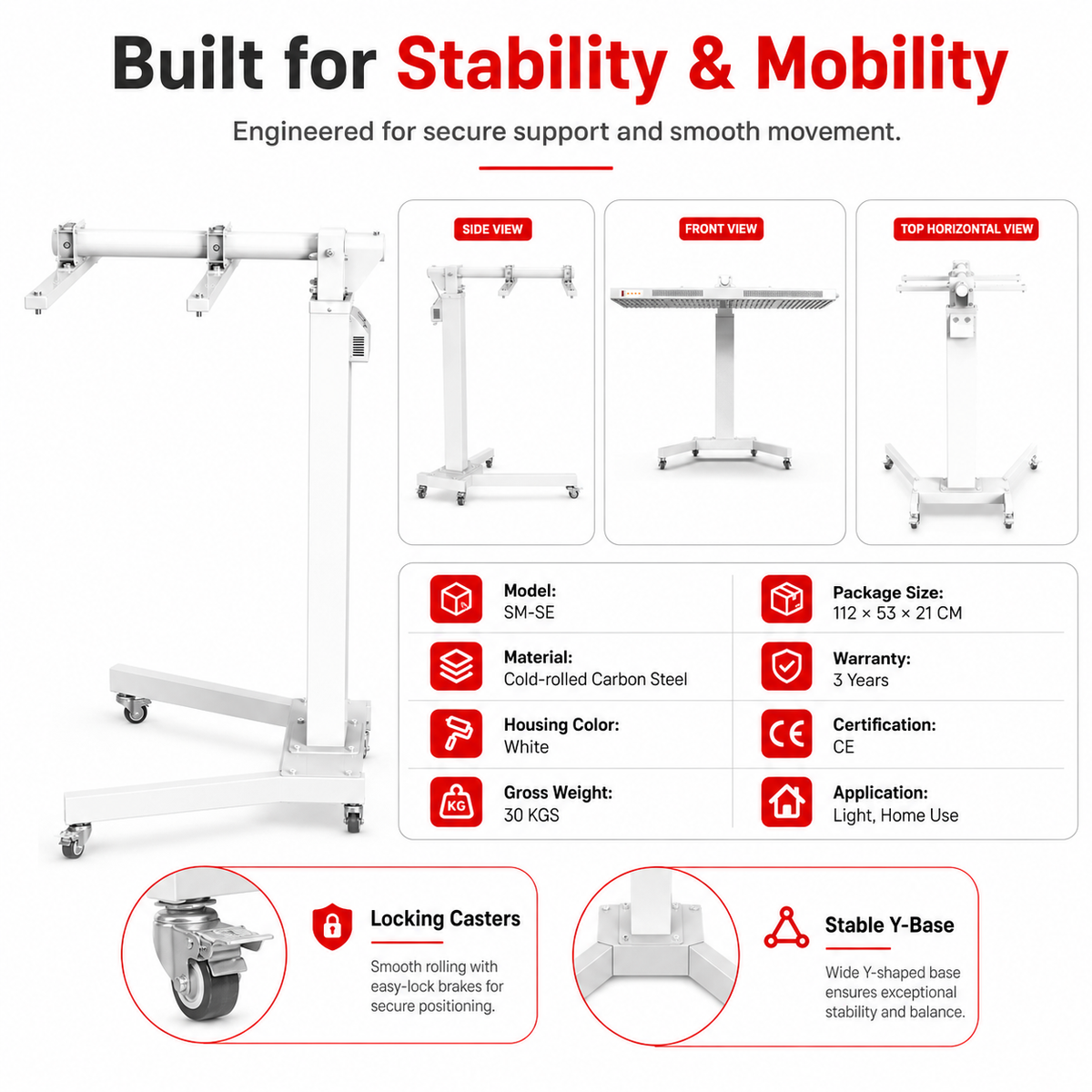 Electric Adjustable Rolling Stand for Red Light Therapy Panels – SM-SE