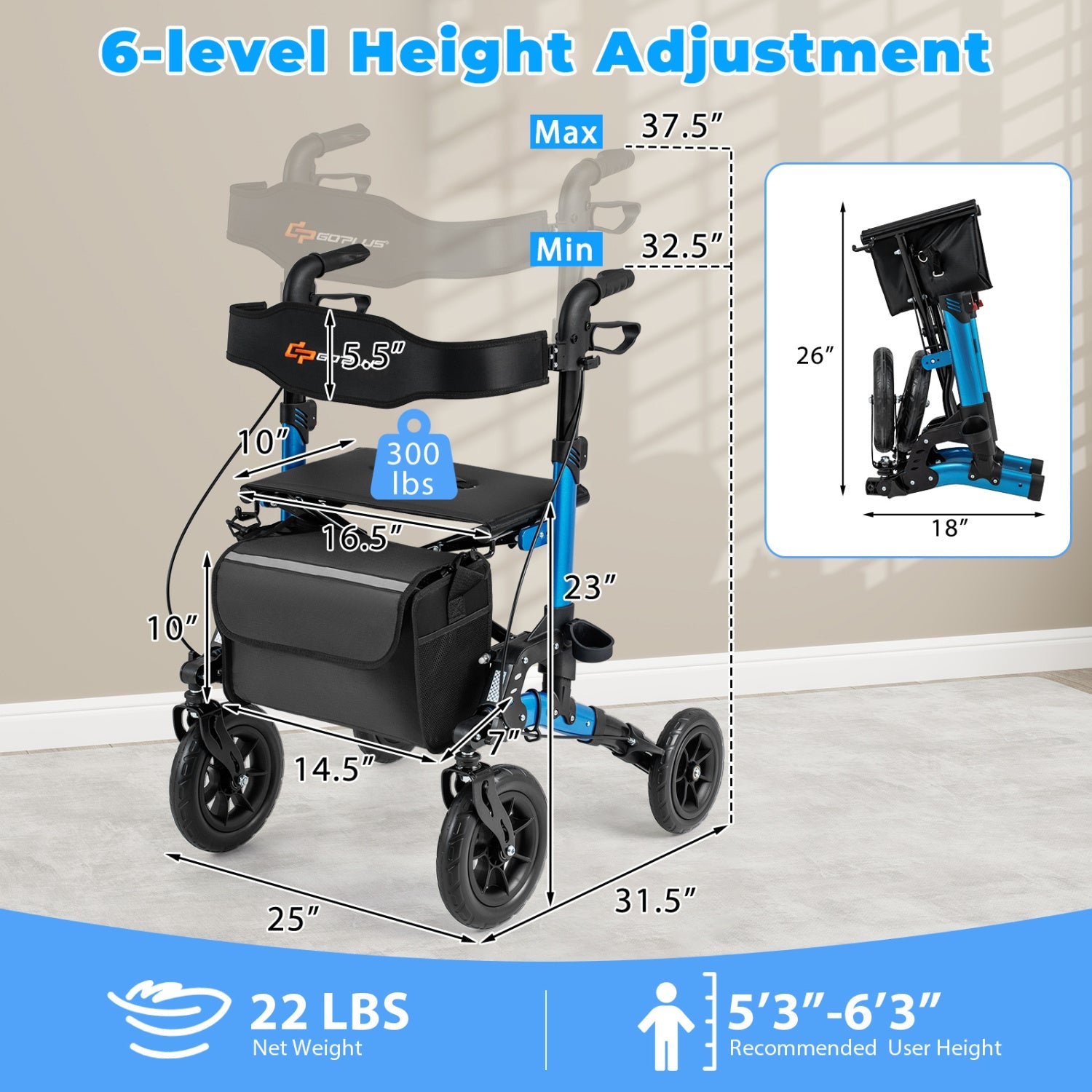 Rollator Walker for Seniors Folding Rolling Walker with Seat