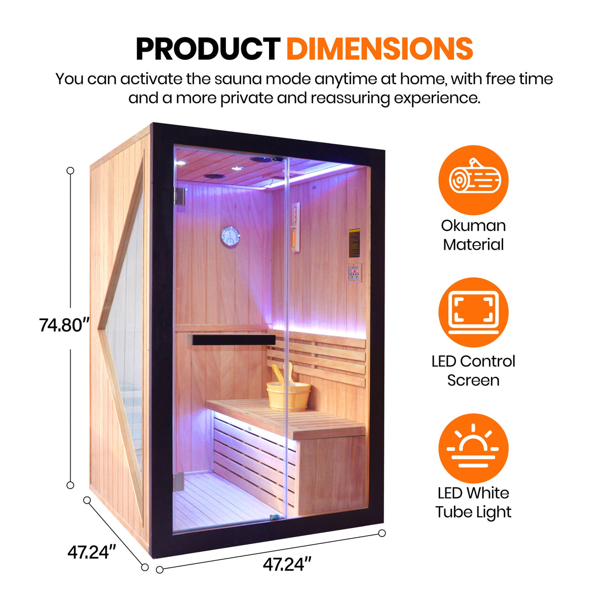 African Pine Indoor Sauna with Double Stove and LED Lighting - Natural Pine