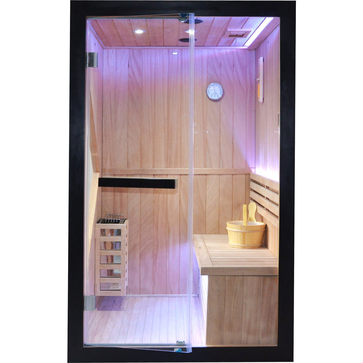 African Pine Indoor Sauna with Double Stove and LED Lighting - Natural Pine