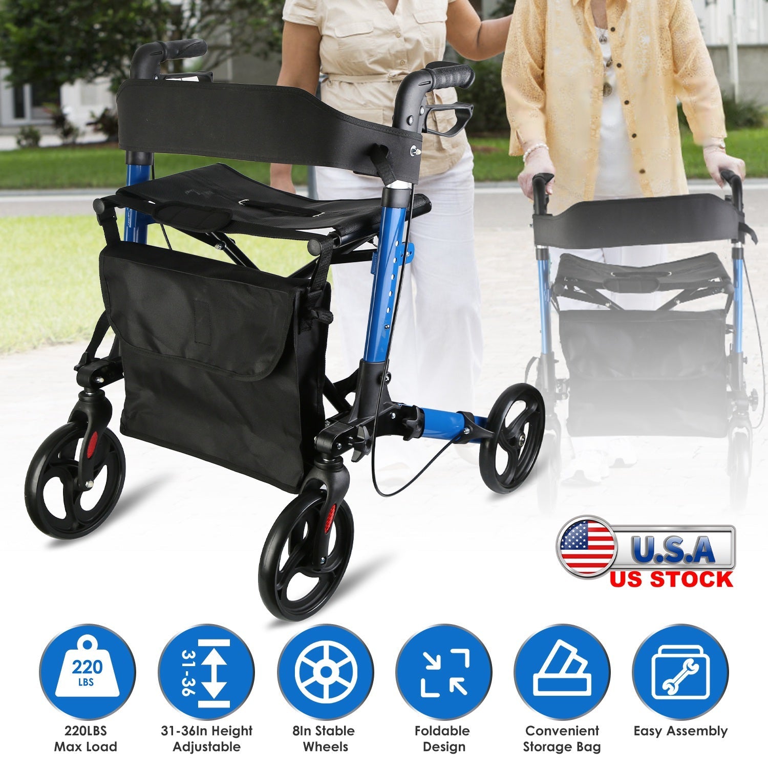 Aluminum Rollator Walker with Seat Backrest Foldable Rolling Walker with 220LBS Max Load 31-36in Adjustable Height 8in Wheels for Seniors Adult Mobili