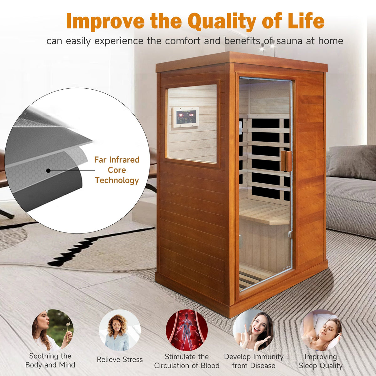 Solid Wood - 1 Person Infrared Sauna with Broad-Spectrum Heating Plates - Natural
