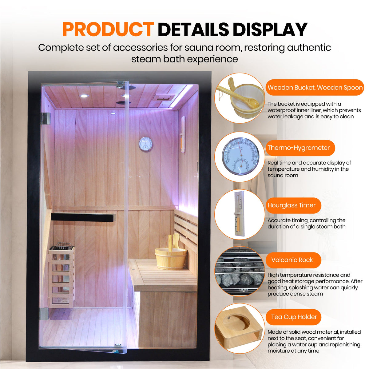 African Pine Indoor Sauna with Double Stove and LED Lighting - Natural Pine