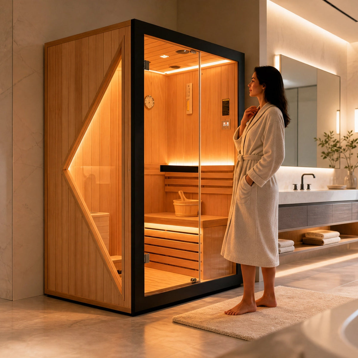 African Pine Indoor Sauna with Double Stove and LED Lighting - Natural Pine