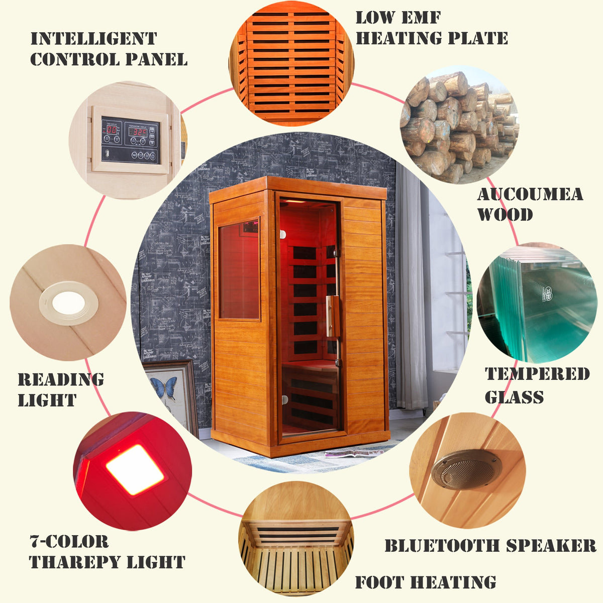 1-Person Infrared Indoor Sauna with Bluetooth & Chromotherapy