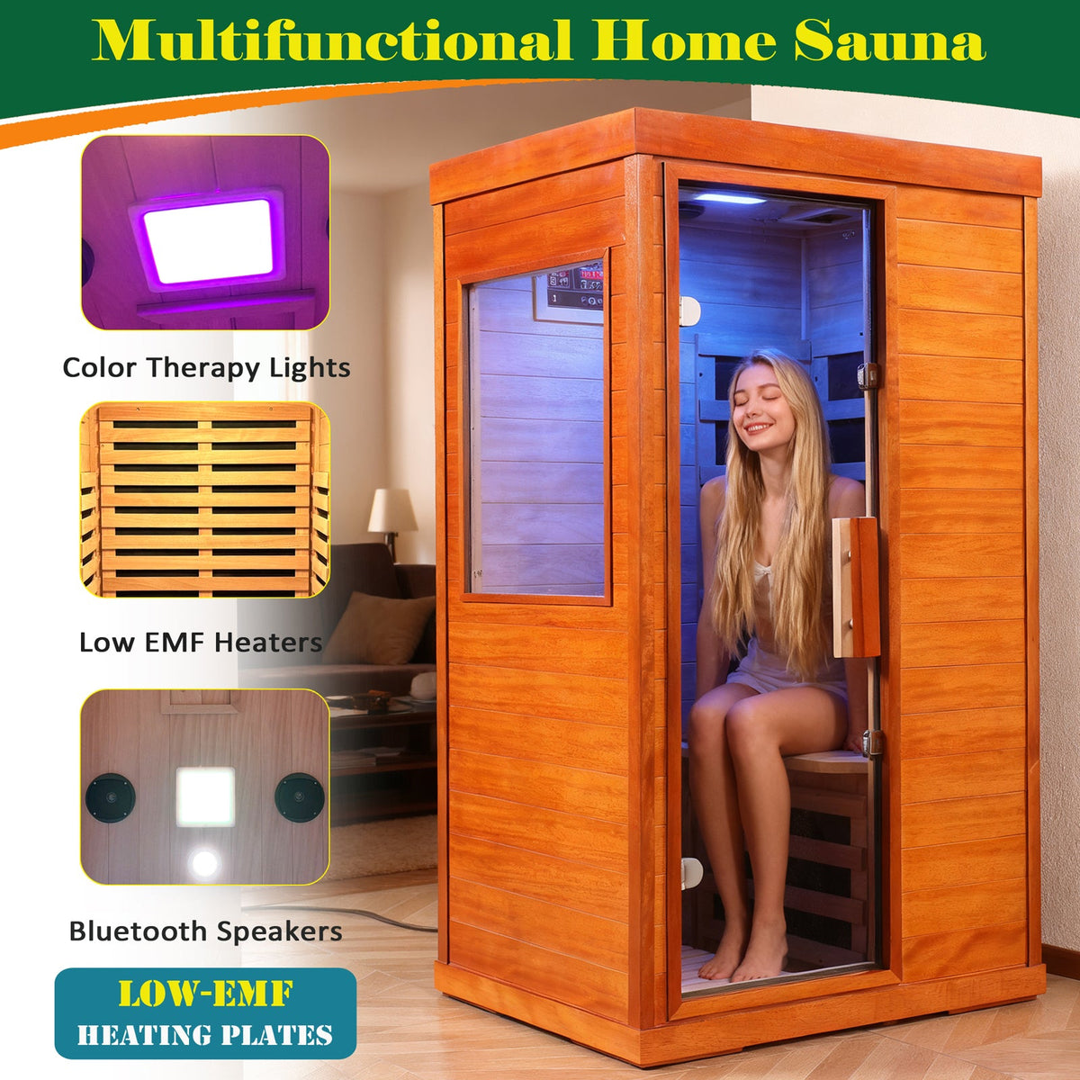 1-Person Far Infrared Sauna with Low EMF, Bluetooth & Chromotherapy