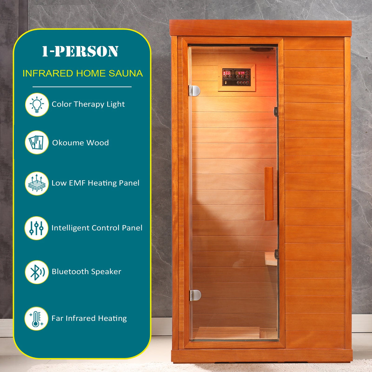 1-Person Far Infrared Sauna with Low EMF, Bluetooth & Chromotherapy