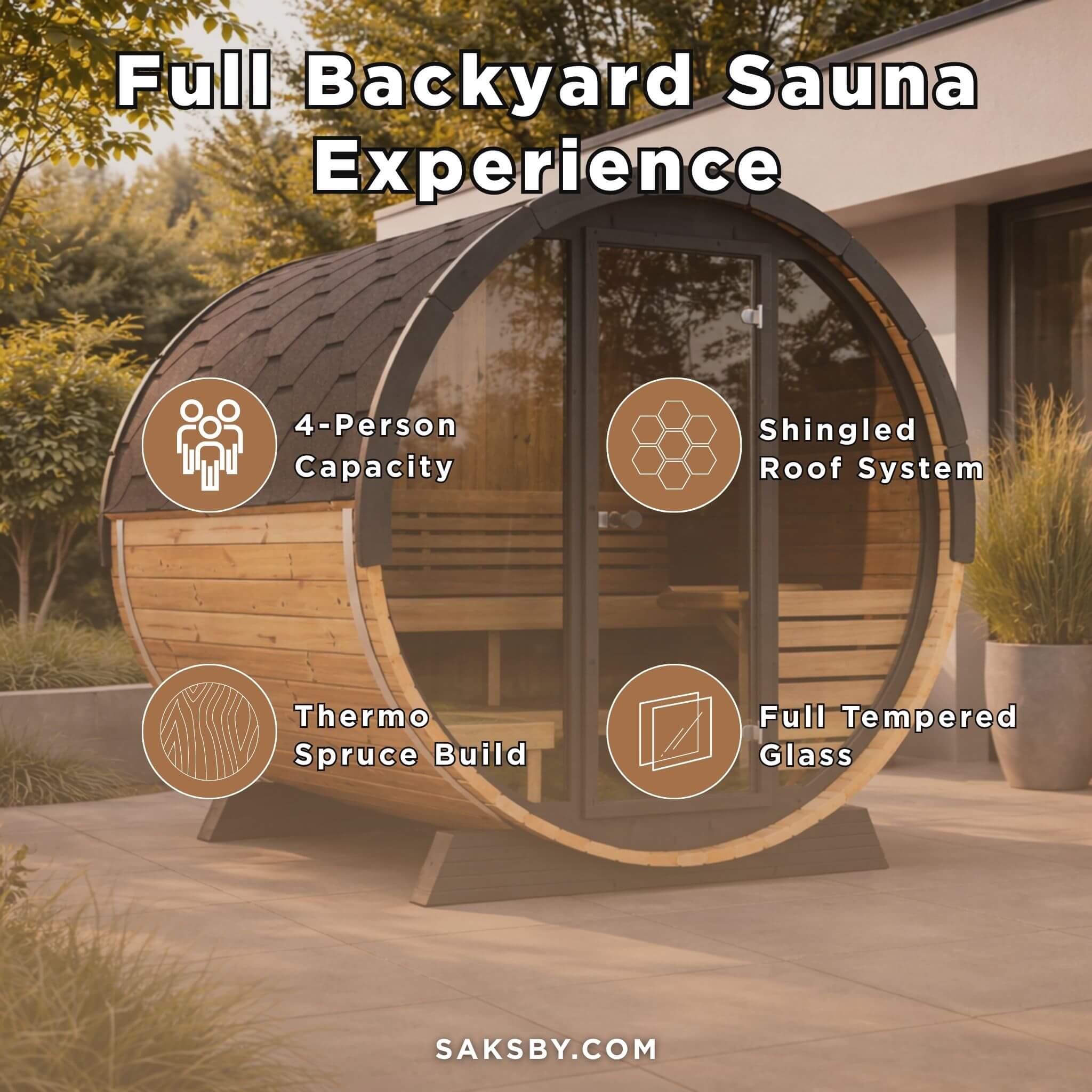 SaunaLife Model EE6G Ergo Series 4-Person Outdoor Sauna Barrel With Tempered Glass Front [SL-MODELEE6G] (SAK39412)