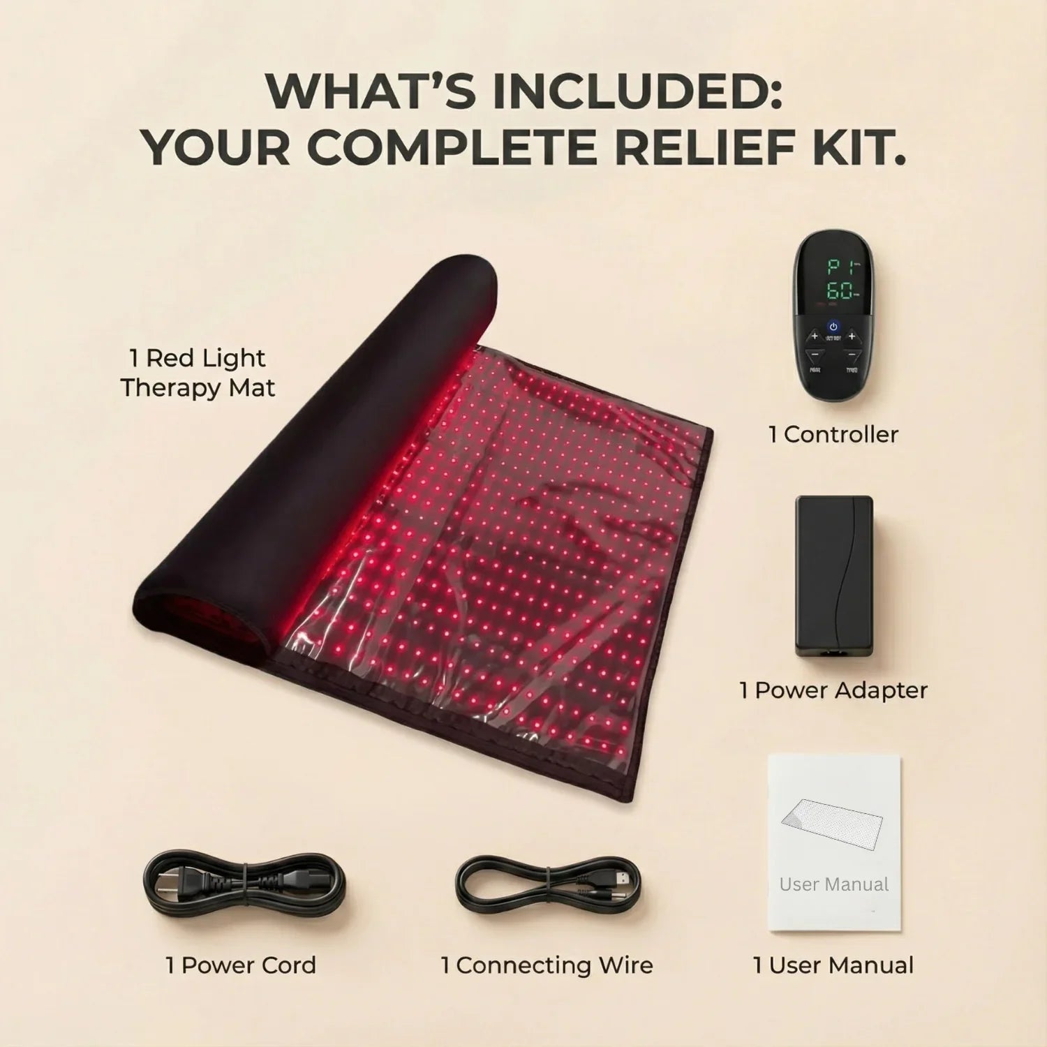 Nicebeam Full Body Red Light Therapy Mat with controller, power adapter, cords, and user manual included.